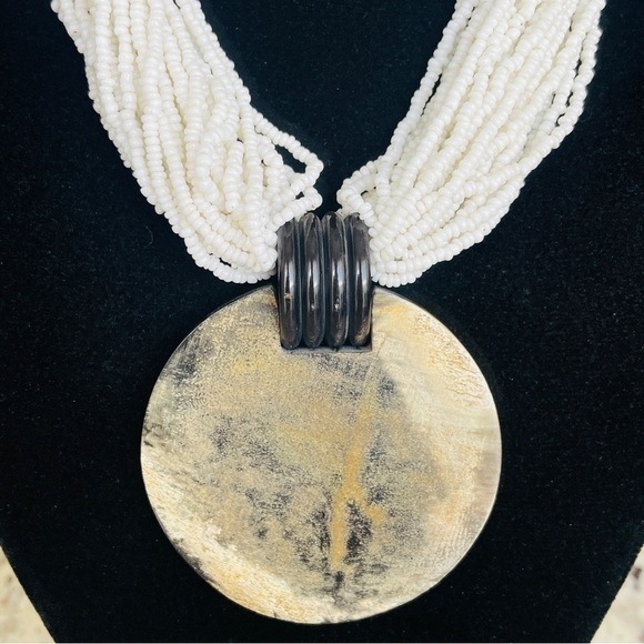 Vintge White Multi 28 Strand Torsade Seed Bead Wooden Medallion Pendant … - Picture 1 of 8
